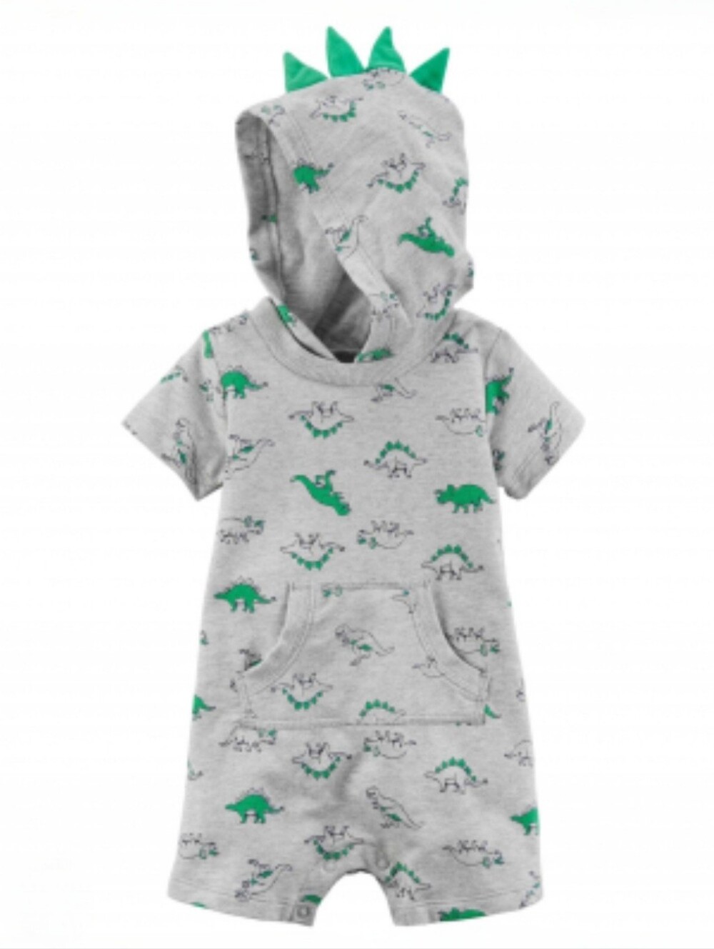 Baby Dino Hooded Romper - Gray with Green Dino Print